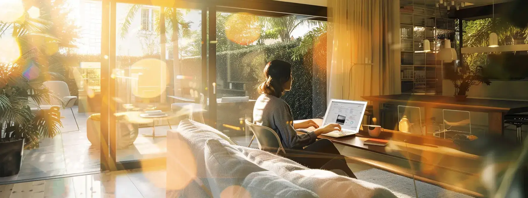 a person analyzing data on a laptop while surrounded by modern real estate properties and smart devices. a person analyzing data on a laptop while surrounded by modern real estate properties and smart devices.