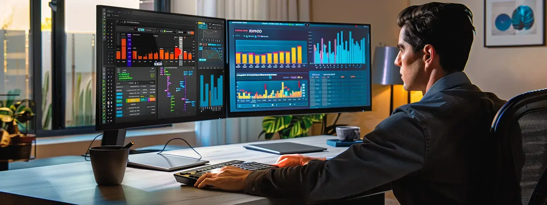 a real estate agent studying a computer screen displaying colorful visual data from rei seo link analysis tools. a real estate agent studying a computer screen displaying colorful visual data from rei seo link analysis tools.