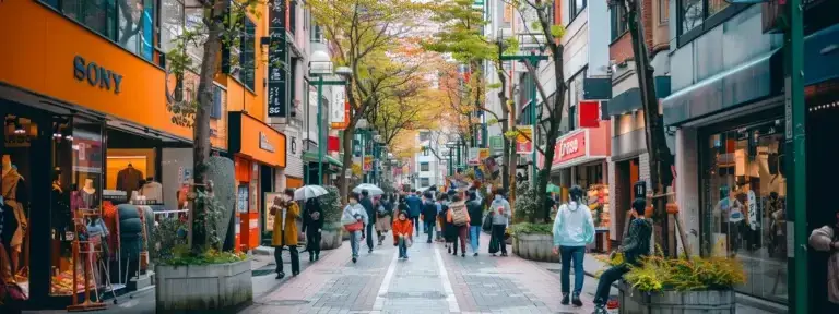 a vibrant city street lined with colorful storefronts and bustling with people, showcasing the power of local seo content to boost visibility.