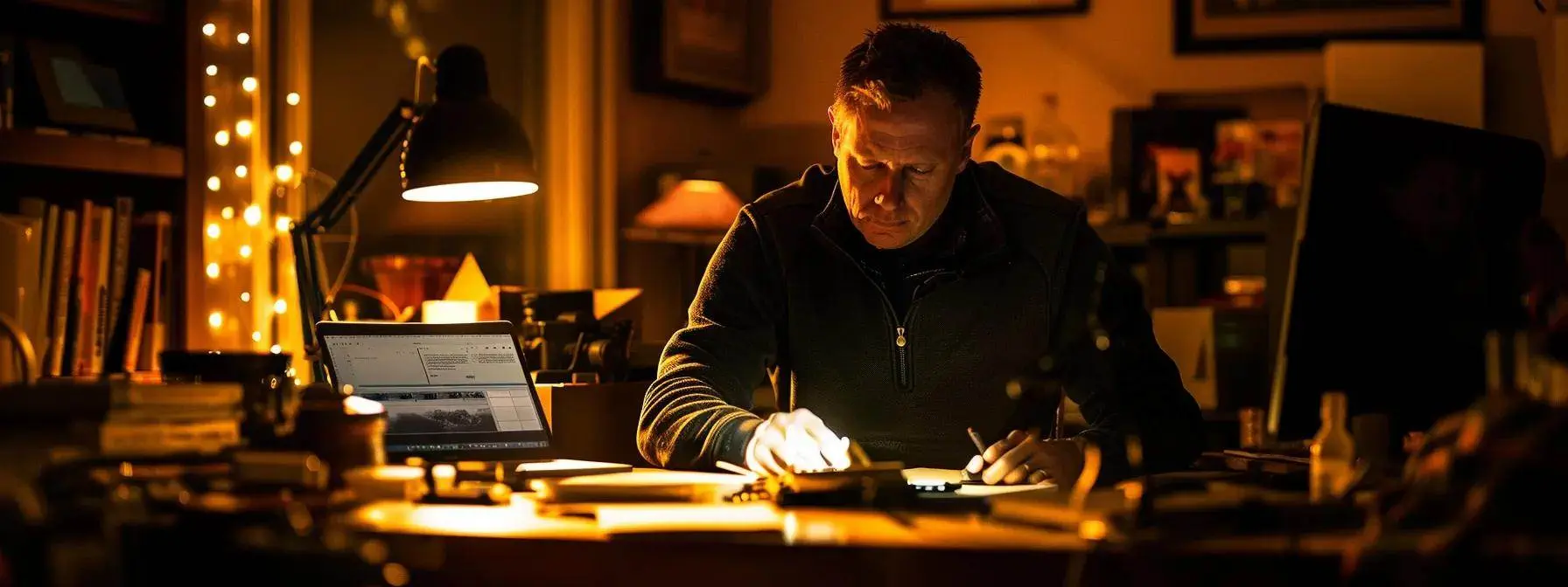 a man deeply focused on researching and incorporating keyphrases into his wordpress article, surrounded by seo tools and google analytics data. a man deeply focused on researching and incorporating keyphrases into his wordpress article, surrounded by seo tools and google analytics data.