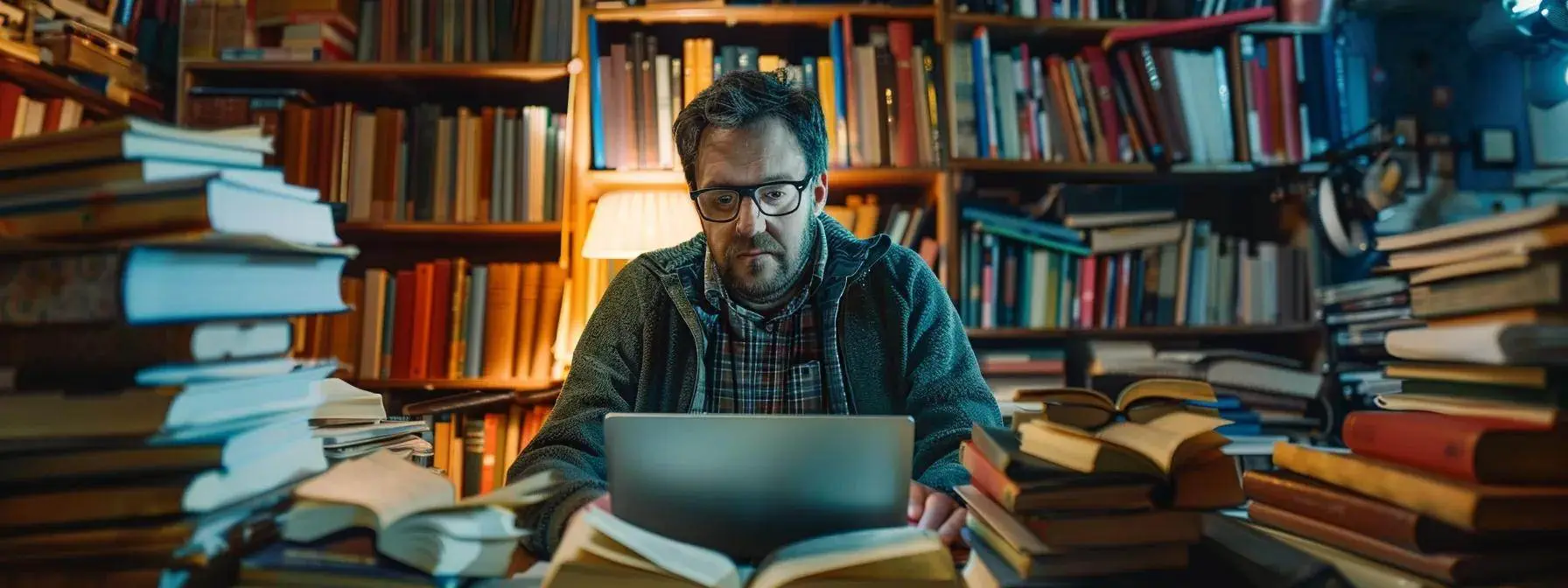 a man typing on a laptop surrounded by stacks of books, showcasing his expertise and commitment to creating authoritative content for digital strategies. a man typing on a laptop surrounded by stacks of books, showcasing his expertise and commitment to creating authoritative content for digital strategies.
