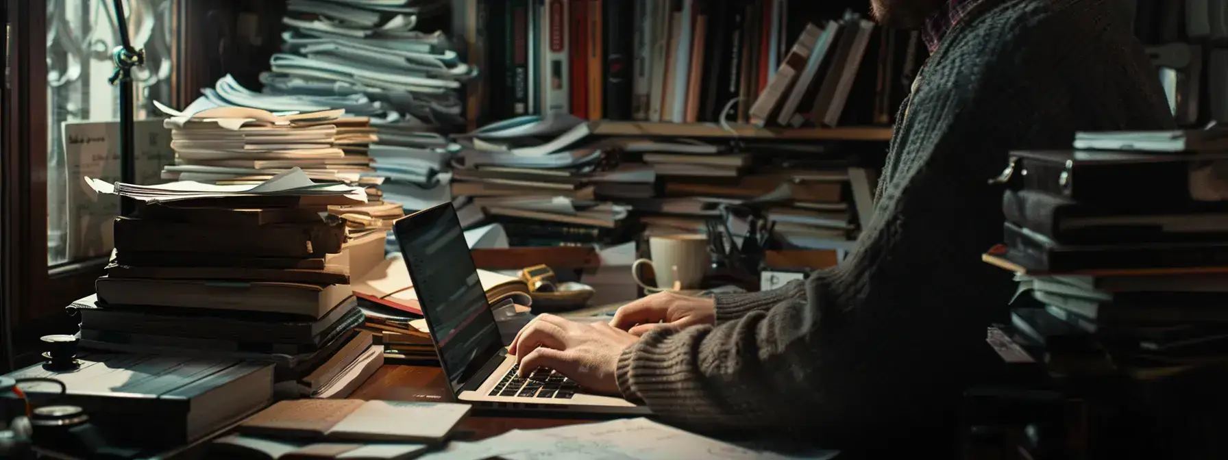 a person typing on a laptop, surrounded by stacks of books, papers, and a mug of coffee, showcasing the strategic and engaging process of content rewriting for website success. a person typing on a laptop, surrounded by stacks of books, papers, and a mug of coffee, showcasing the strategic and engaging process of content rewriting for website success.