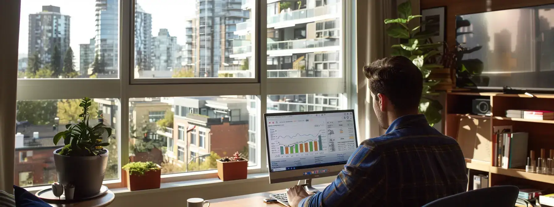 a real estate agent analyzing data on a laptop, surrounded by charts and graphs, with a large window overlooking a cityscape in the background. a real estate agent analyzing data on a laptop, surrounded by charts and graphs, with a large window overlooking a cityscape in the background.