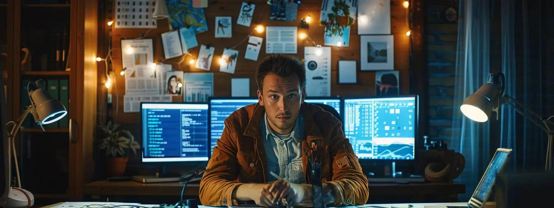 a focused man sitting at a desk, surrounded by screens showing google trends data and html codes, while brainstorming new blog post ideas to integrate competitor keywords into his seo strategy. a focused man sitting at a desk, surrounded by screens showing google trends data and html codes, while brainstorming new blog post ideas to integrate competitor keywords into his seo strategy.