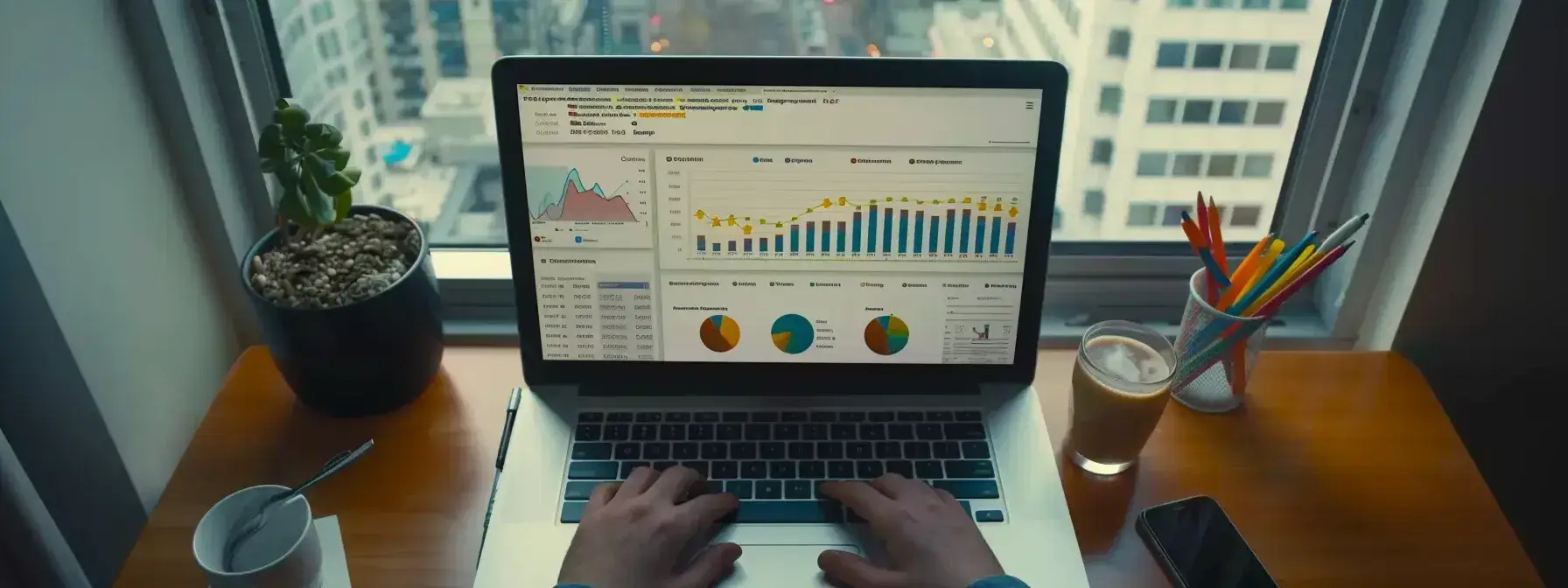 a person analyzing a detailed seo report on a laptop screen, surrounded by charts and graphs showing website performance metrics. a person analyzing a detailed seo report on a laptop screen, surrounded by charts and graphs showing website performance metrics.