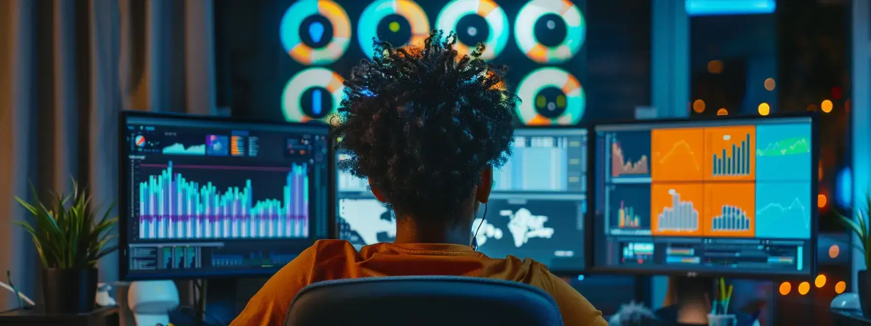 a person sitting at a computer, analyzing colorful keyword graphs and charts on the screen. a person sitting at a computer, analyzing colorful keyword graphs and charts on the screen.