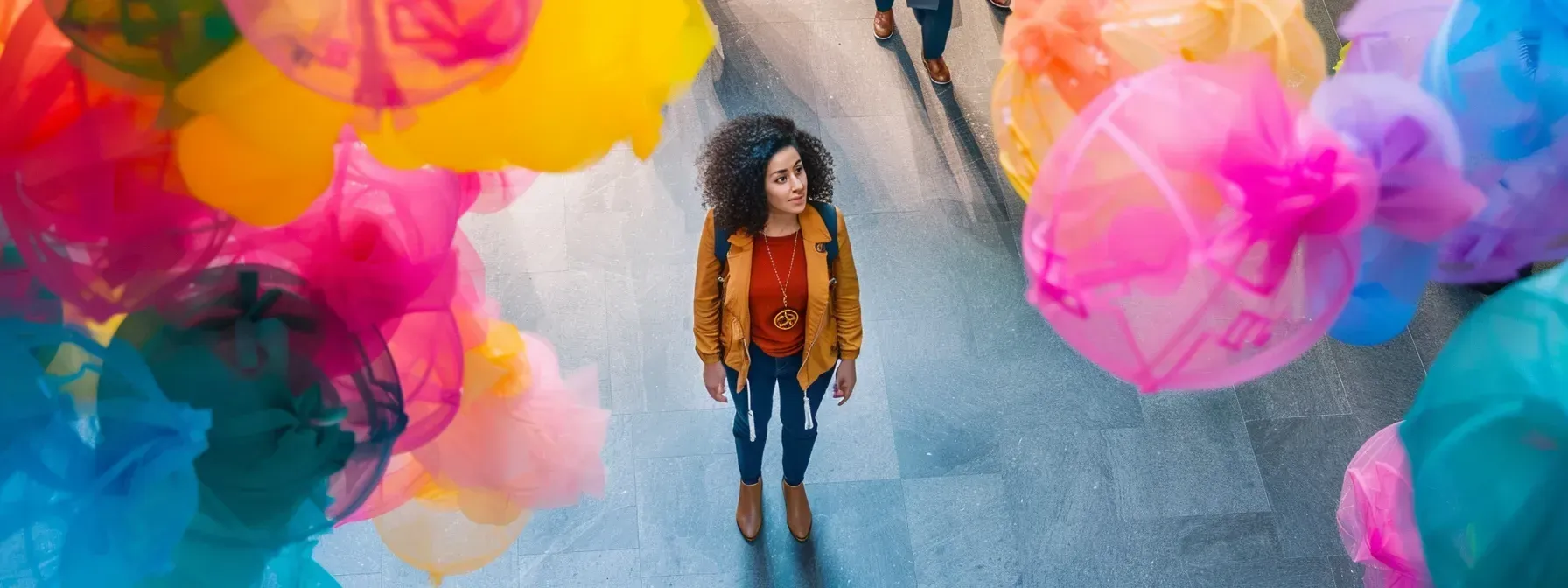 a person surrounded by colorful keyword clouds, connecting with a diverse group of people in a vibrant marketplace. a person surrounded by colorful keyword clouds, connecting with a diverse group of people in a vibrant marketplace.