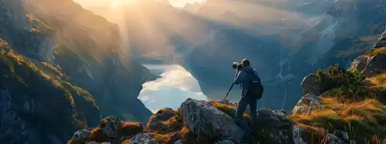 a photographer editing a stunning, high-resolution image of a mountain landscape for optimal seo optimization.