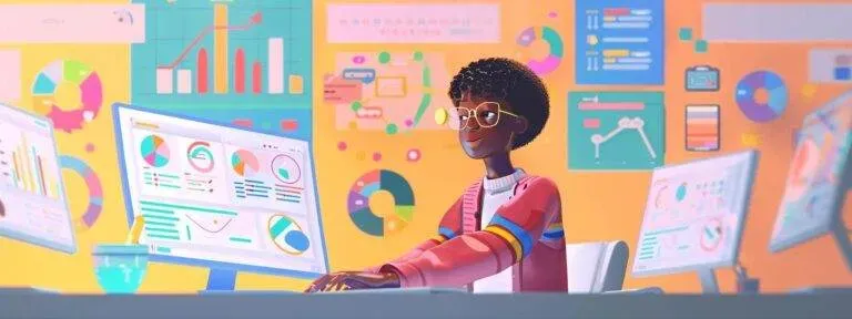 a focused seo expert surrounded by colorful keyword charts and graphs, deep in research.