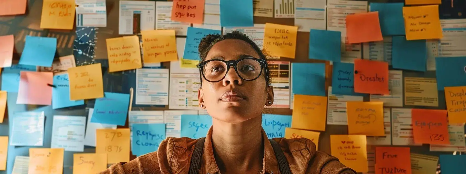 a focused seo expert surrounded by colorful keyword cards, organizing and prioritizing them with a determined expression.