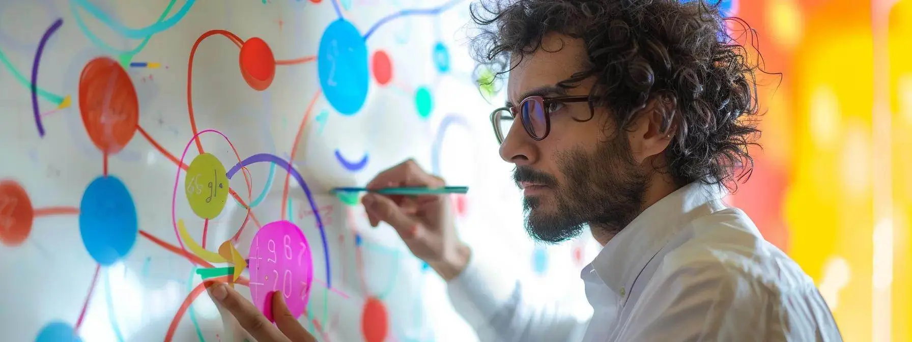 a focused seo specialist meticulously arranging colorful, interconnected circles representing various topics on a whiteboard. a focused seo specialist meticulously arranging colorful, interconnected circles representing various topics on a whiteboard.