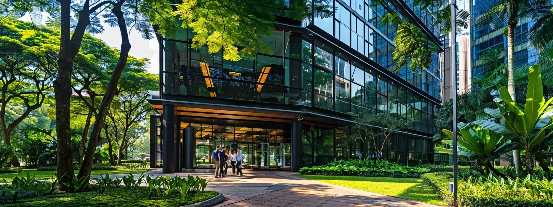 a modern office building surrounded by vibrant green trees, standing out among other properties with prominent online visibility and a stream of potential investors walking towards it. a modern office building surrounded by vibrant green trees, standing out among other properties with prominent online visibility and a stream of potential investors walking towards it.