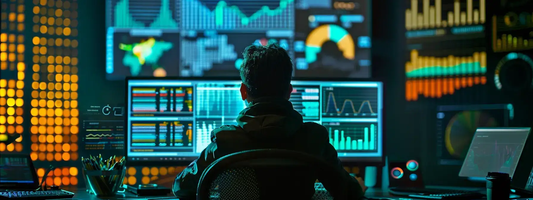a person monitoring various colorful graphs and charts on a computer screen, surrounded by stacks of data and reports, all focused on seo kpis and campaign performance. a person monitoring various colorful graphs and charts on a computer screen, surrounded by stacks of data and reports, all focused on seo kpis and campaign performance.