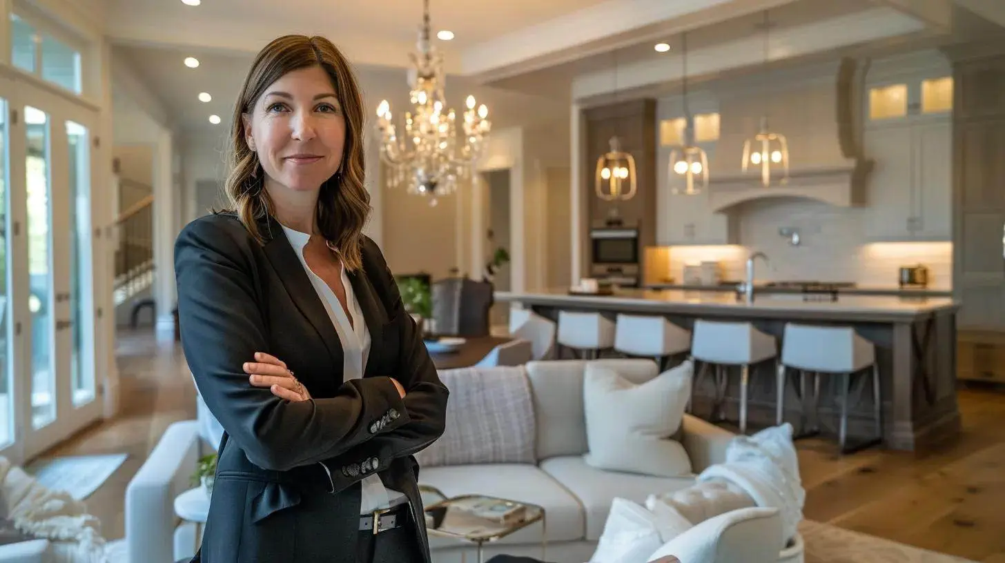 a captivating real estate agent stands confidently in a beautifully staged home, surrounded by warm, inviting lighting and elegant decor, embodying the power of storytelling to create emotional connections with prospective clients. a captivating real estate agent stands confidently in a beautifully staged home, surrounded by warm, inviting lighting and elegant decor, embodying the power of storytelling to create emotional connections with prospective clients.