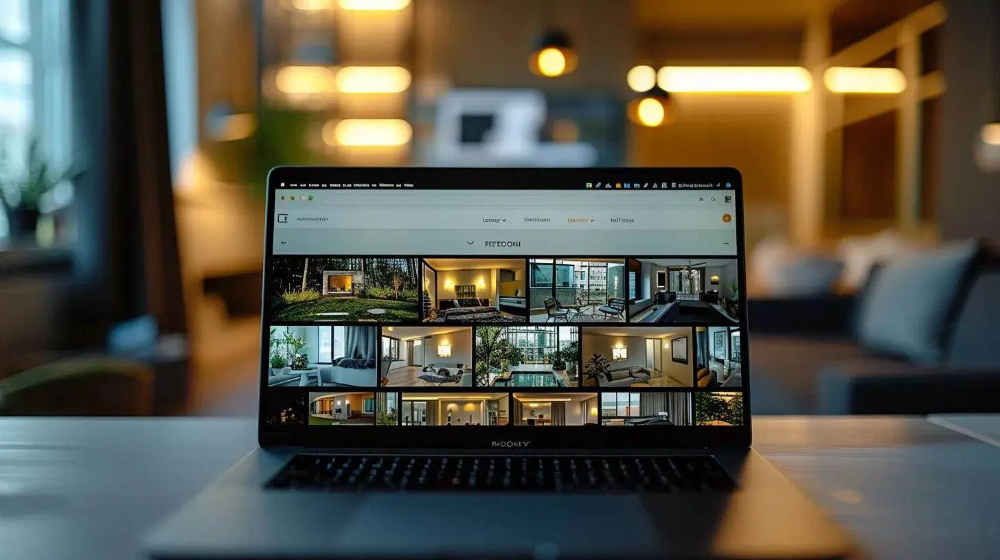 a modern, inviting real estate website interface glows on a sleek laptop screen, showcasing an array of stunning property images and an elegant branding logo, all illuminated by soft, ambient lighting in a stylish office setting. a modern, inviting real estate website interface glows on a sleek laptop screen, showcasing an array of stunning property images and an elegant branding logo, all illuminated by soft, ambient lighting in a stylish office setting.