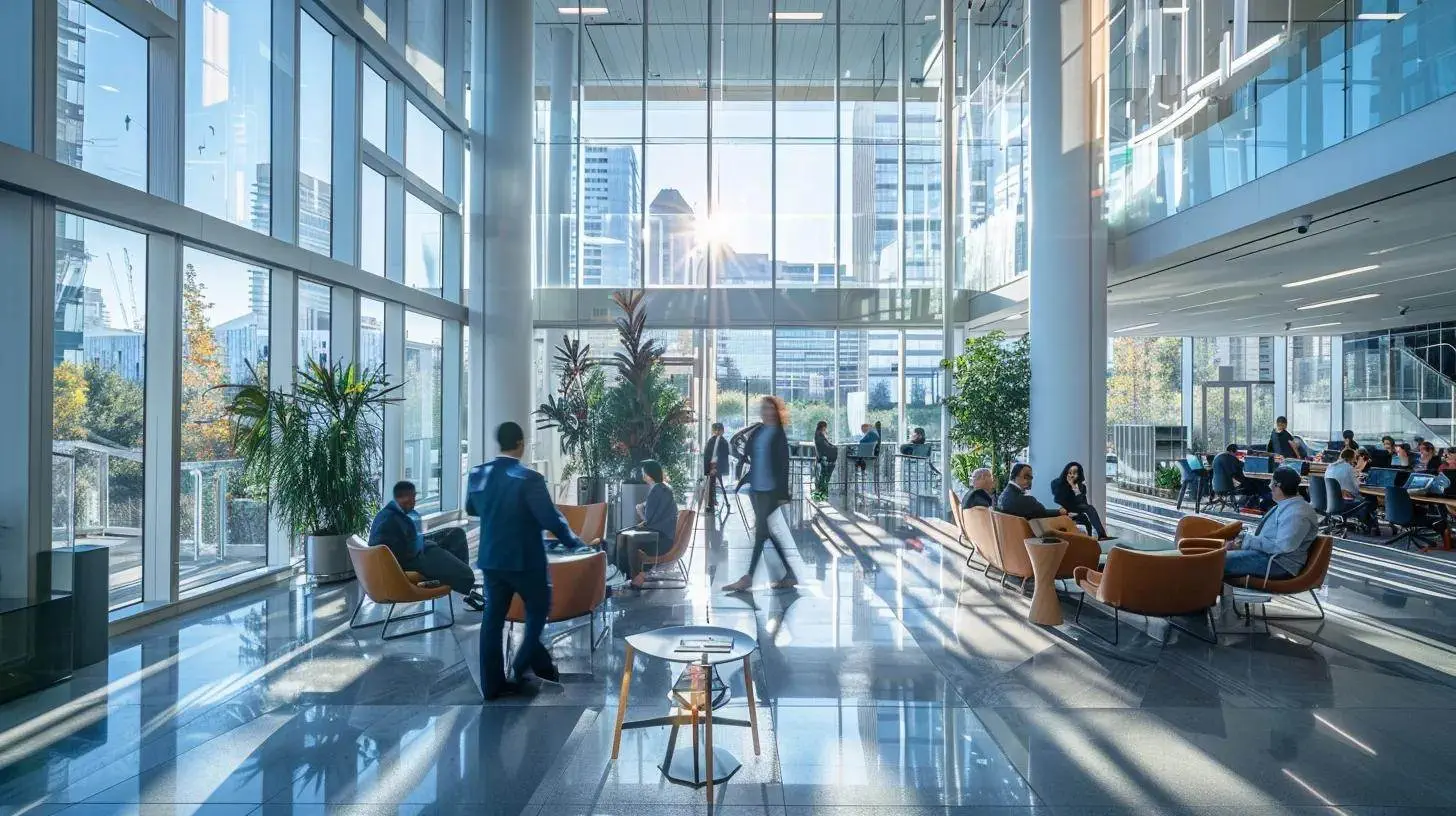 a panoramic view of a modern real estate office bustling with activity, featuring large glass windows that reflect vibrant city life, symbolizing the intersection of digital marketing and the real estate market. a panoramic view of a modern real estate office bustling with activity, featuring large glass windows that reflect vibrant city life, symbolizing the intersection of digital marketing and the real estate market.