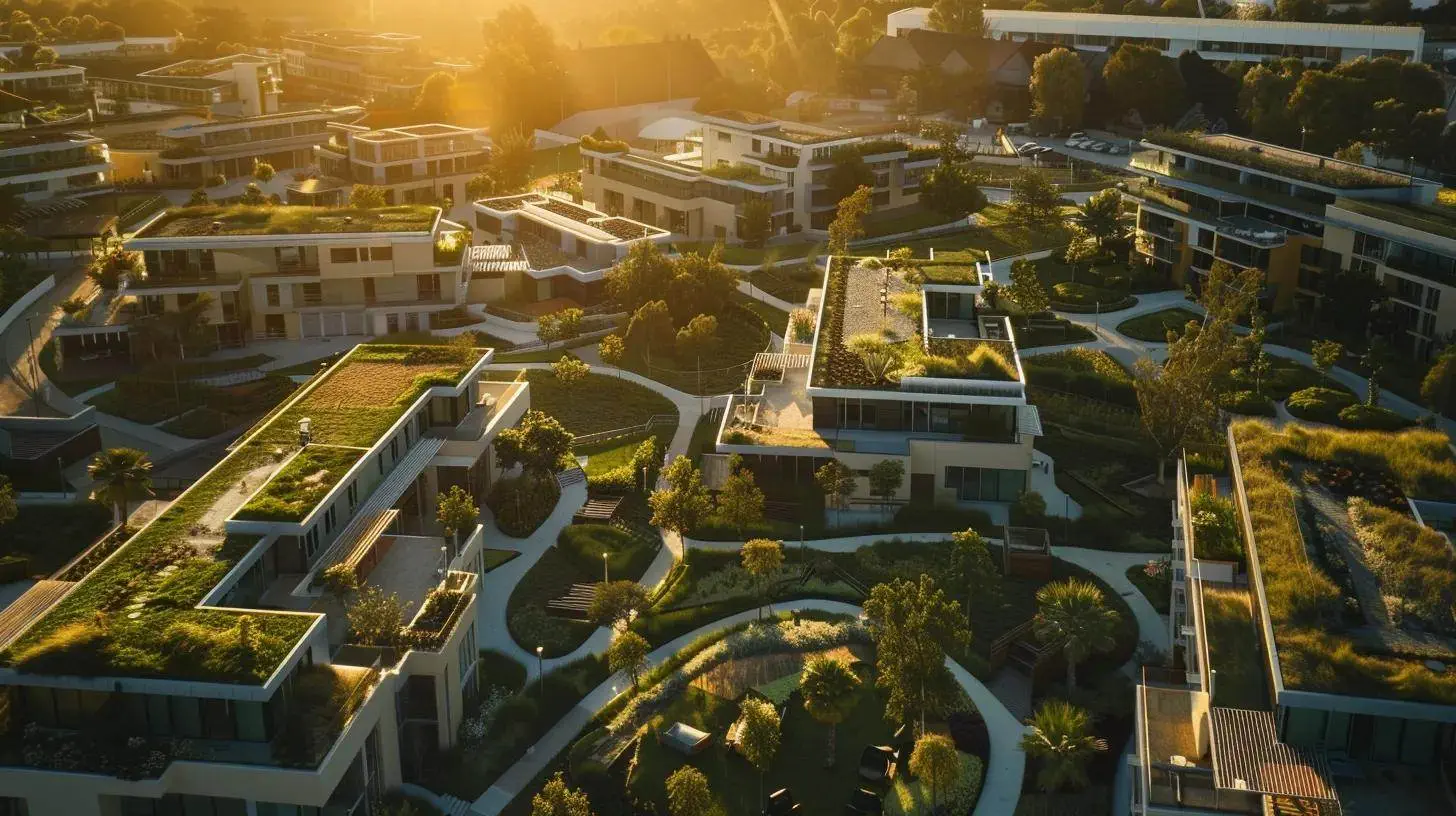 a sharp, detailed aerial view of a sustainable real estate development showcasing lush green roofs, energy-efficient buildings, and vibrant urban landscaping, illuminated by soft, warm sunset light to evoke a sense of thriving investment potential. a sharp, detailed aerial view of a sustainable real estate development showcasing lush green roofs, energy-efficient buildings, and vibrant urban landscaping, illuminated by soft, warm sunset light to evoke a sense of thriving investment potential.
