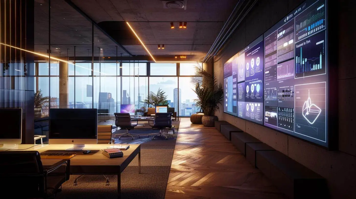 a sleek, modern office workspace filled with vibrant digital screens displaying analytics and email campaign visuals, symbolizing the powerful impact of email marketing in real estate lead generation, illuminated by soft, ambient lighting. a sleek, modern office workspace filled with vibrant digital screens displaying analytics and email campaign visuals, symbolizing the powerful impact of email marketing in real estate lead generation, illuminated by soft, ambient lighting.
