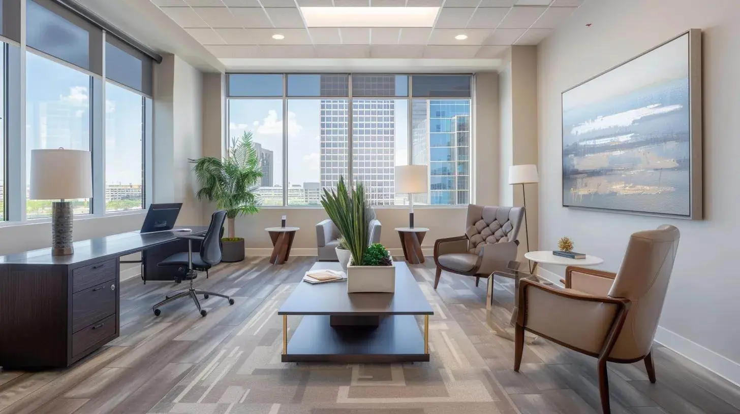 a sleek, modern real estate office with minimalistic design elements and strategically placed branding materials, illuminated by natural light flooding through large windows, exuding professionalism and trustworthiness in a competitive market. a sleek, modern real estate office with minimalistic design elements and strategically placed branding materials, illuminated by natural light flooding through large windows, exuding professionalism and trustworthiness in a competitive market.