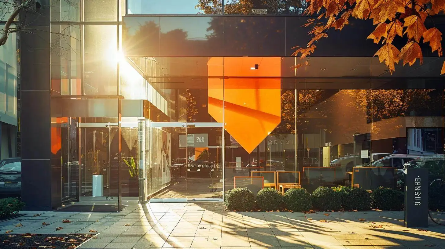 a striking image of a modern real estate office, featuring a vibrant and unique logo prominently displayed against a sleek glass facade, illuminated by warm afternoon sunlight that enhances the sophistication of the branding and invites potential clients. a striking image of a modern real estate office, featuring a vibrant and unique logo prominently displayed against a sleek glass facade, illuminated by warm afternoon sunlight that enhances the sophistication of the branding and invites potential clients.