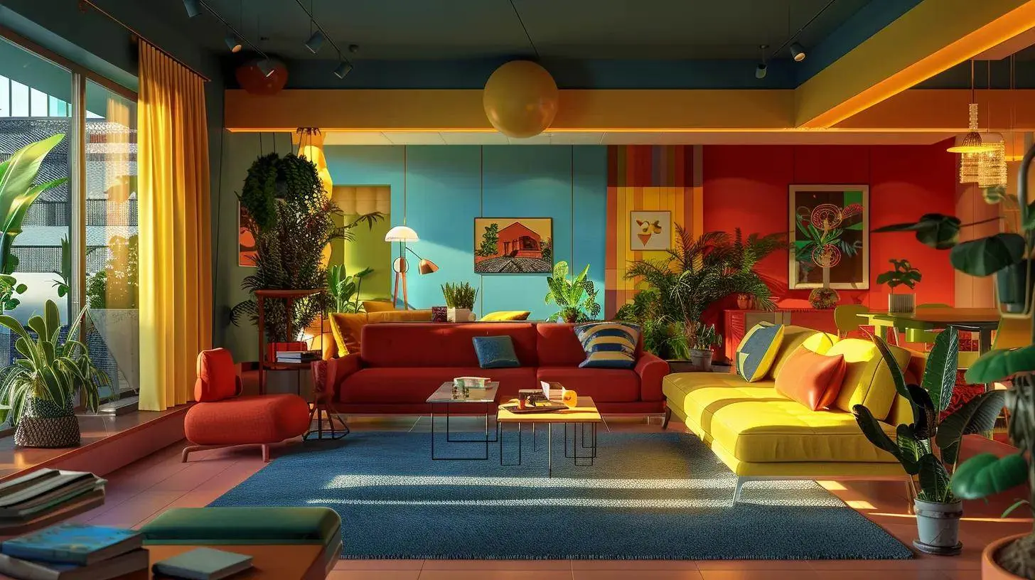 a visually engaging interior space featuring a harmonious blend of bold red accents, calming blue tones, cheerful yellow decor, and refreshing green plants, each color enhancing the atmosphere and evoking specific emotions related to real estate branding. a visually engaging interior space featuring a harmonious blend of bold red accents, calming blue tones, cheerful yellow decor, and refreshing green plants, each color enhancing the atmosphere and evoking specific emotions related to real estate branding.
