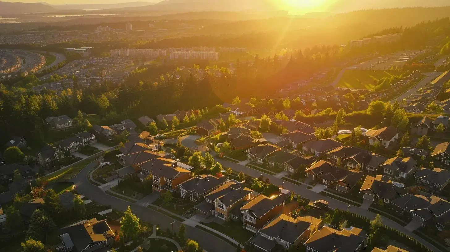 aerial view of a vibrant, thriving neighborhood showcasing modern homes surrounded by lush green parks and essential amenities, bathed in golden sunlight, highlighting the desirability and investment potential of the location. aerial view of a vibrant, thriving neighborhood showcasing modern homes surrounded by lush green parks and essential amenities, bathed in golden sunlight, highlighting the desirability and investment potential of the location.