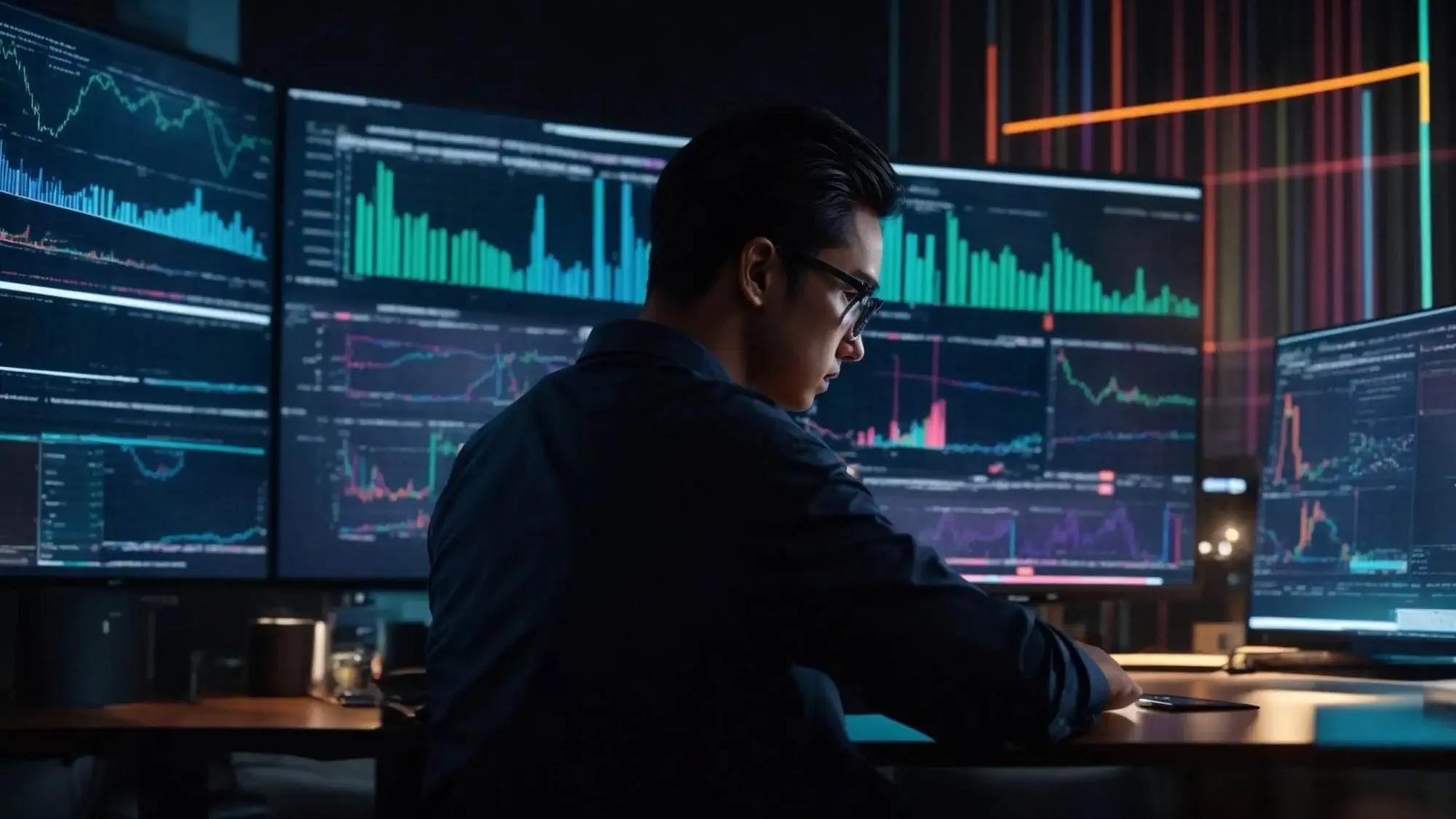 a captivating scene of a data analyst surrounded by vibrant, glowing graphs and charts on a sleek desktop, symbolizing the importance of seo analysis in navigating the digital landscape.