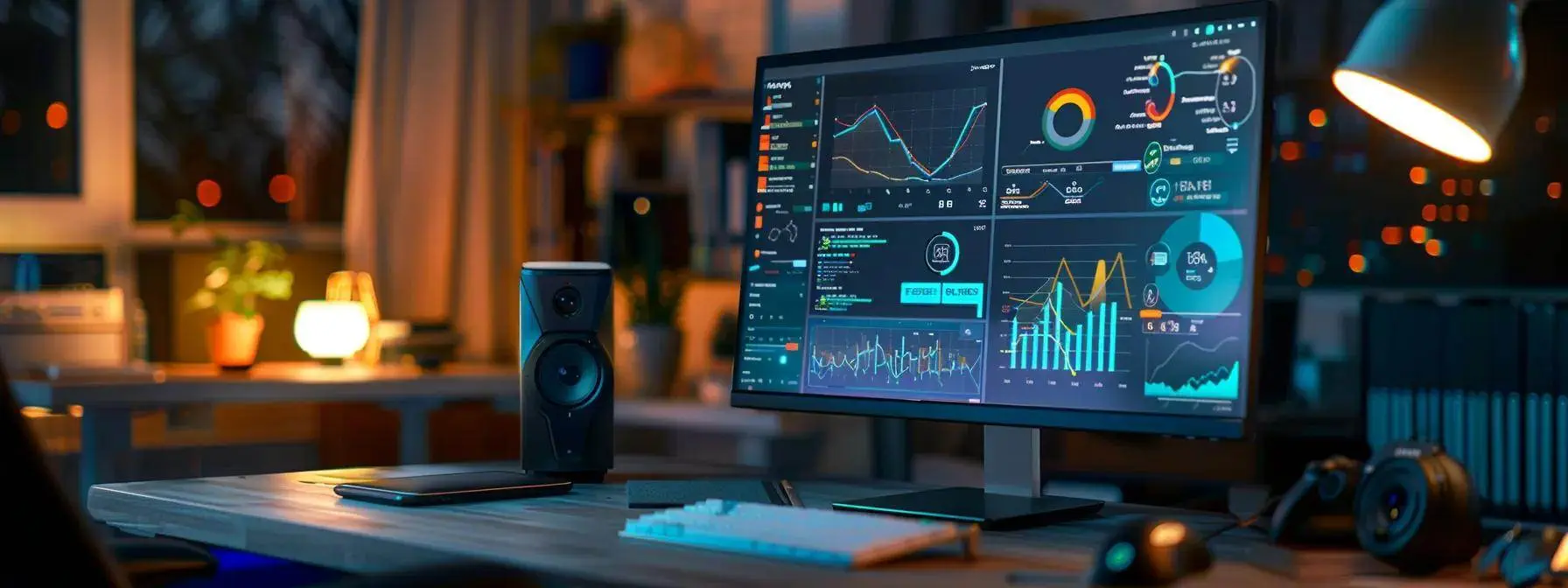 a vibrant digital workspace illuminated by soft, ambient lighting showcases a sleek computer screen displaying interactive graphs and seo analytics, symbolizing the innovative fusion of artificial intelligence and content strategy.