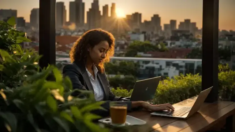 a vibrant city skyline during golden hour, featuring a person enthusiastically typing on a laptop in a cozy outdoor café, surrounded by lush greenery, symbolizing the fusion of real estate and digital engagement.