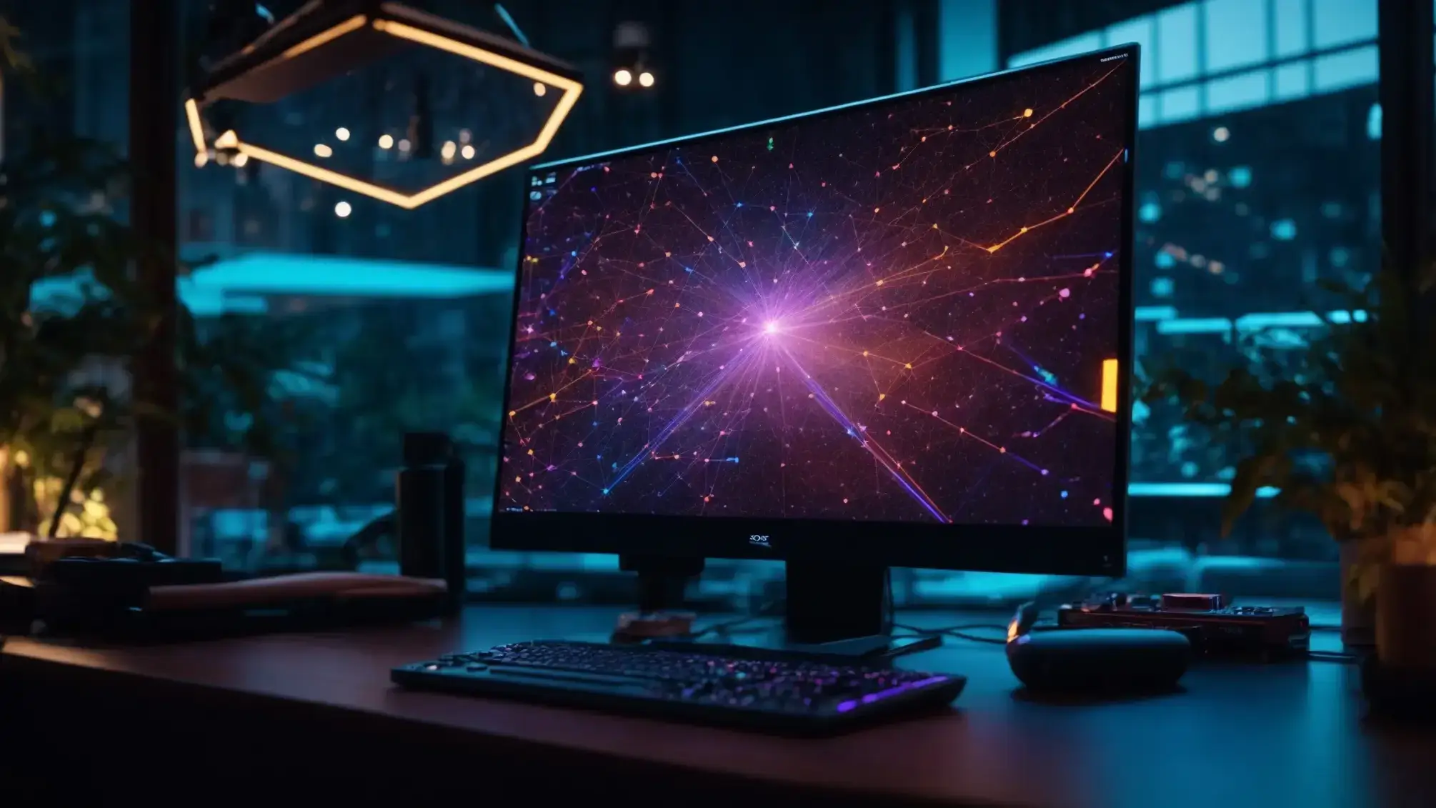 a vibrant digital workspace showcasing a glowing computer screen filled with interconnected nodes and arrows, symbolizing essential seo internal linking best practices for online success.