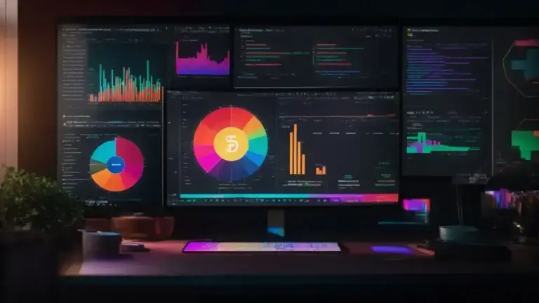 a vibrant, illuminated workspace filled with colorful charts and graphs, featuring a large computer screen displaying a detailed seo keyword analysis, capturing the essence of digital marketing mastery.
