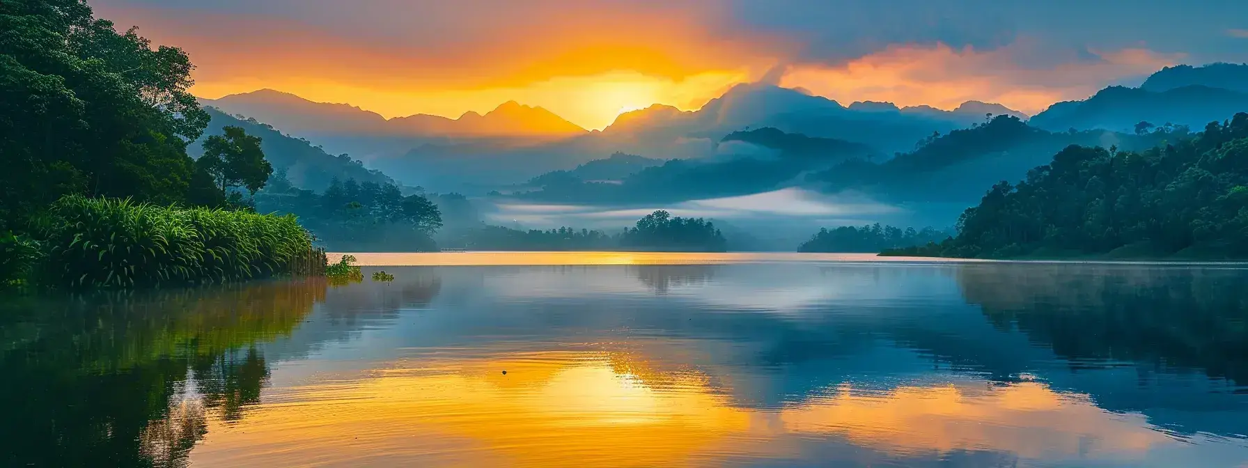 a breathtaking sunrise casts golden rays over a tranquil lake, reflecting vibrant hues of orange and pink while surrounded by lush greenery and mist-kissed mountain peaks.