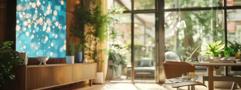 a dynamic and engaging scene of a modern real estate office with a sleek chatbot interface displayed on a digital screen, showcasing an influx of leads and vibrant interactions, illuminated by natural light streaming through large windows.