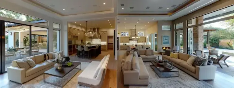 a dynamic split-screen visualization featuring two contrasting layouts of a realtor site, vividly illustrating the impact of a/b testing on user engagement and performance.
