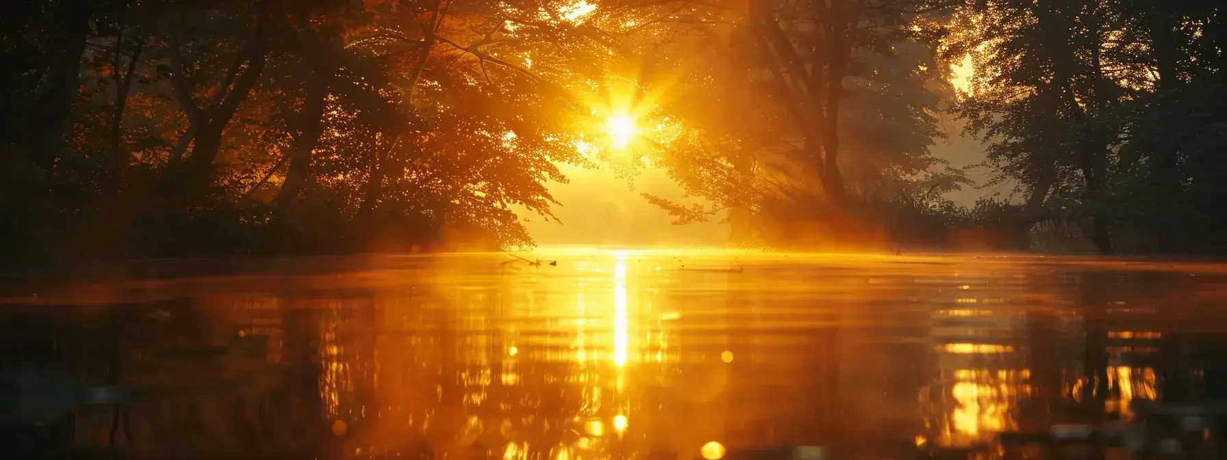 a mesmerizing sunrise casts golden light over a tranquil lake, where vibrant foliage reflects perfectly on the glassy surface, creating a serene and breathtaking natural landscape.