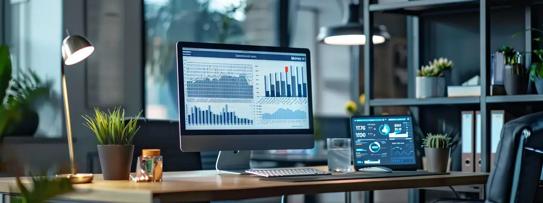 a modern office space showcases a sleek computer displaying a dynamic dashboard of facebook pixel analytics, with graphs and data overlays emphasizing real estate retargeting strategies, illuminated by sharp, focused lighting to highlight the high-tech setup.