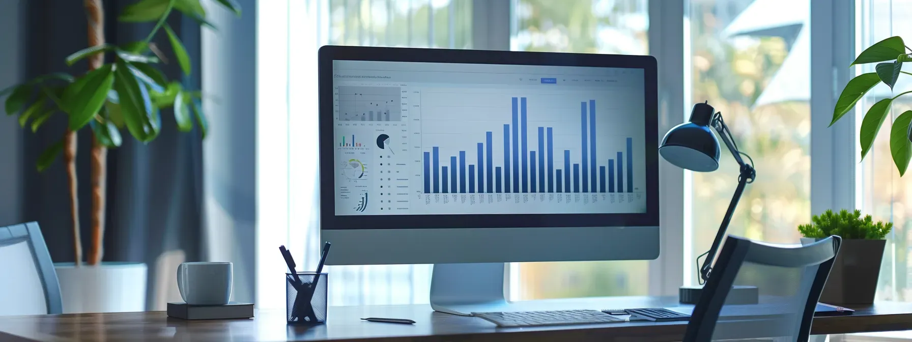 a modern office space showcases a sleek computer screen displaying user analytics graphs and charts, emphasizing the critical role of tracking user behavior for enhancing lead generation and online presence in the real estate industry.