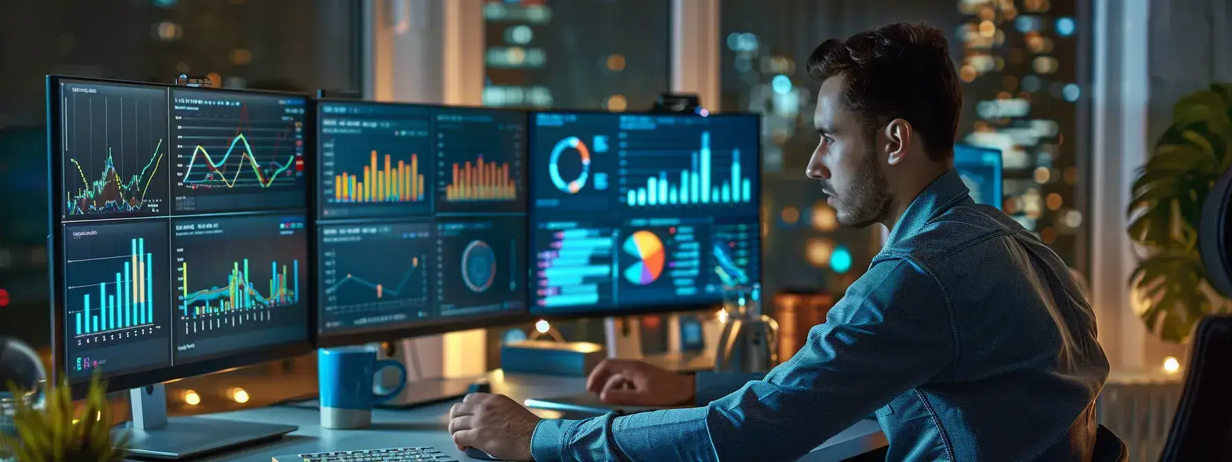 a modern office workspace features a digital marketing specialist intently analyzing social media analytics on multiple screens, surrounded by vibrant visuals of real estate listings, conveying the dynamic intersection of technology and real estate sales.