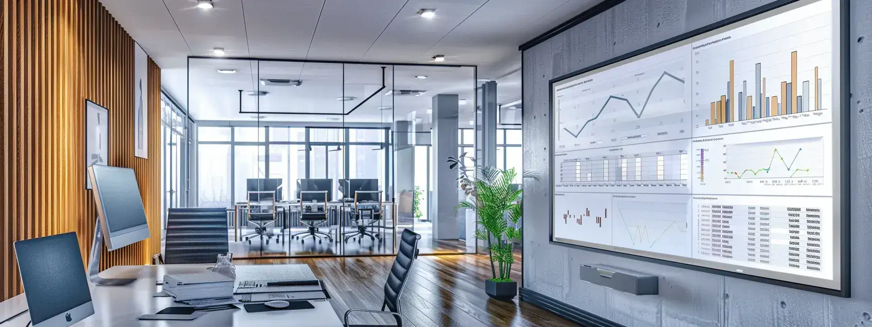 a modern real estate office features a large screen displaying dynamic graphs and analytics, showcasing conversion rates and event tracking metrics, with a stylish workspace in the background that emphasizes a professional and data-driven environment.