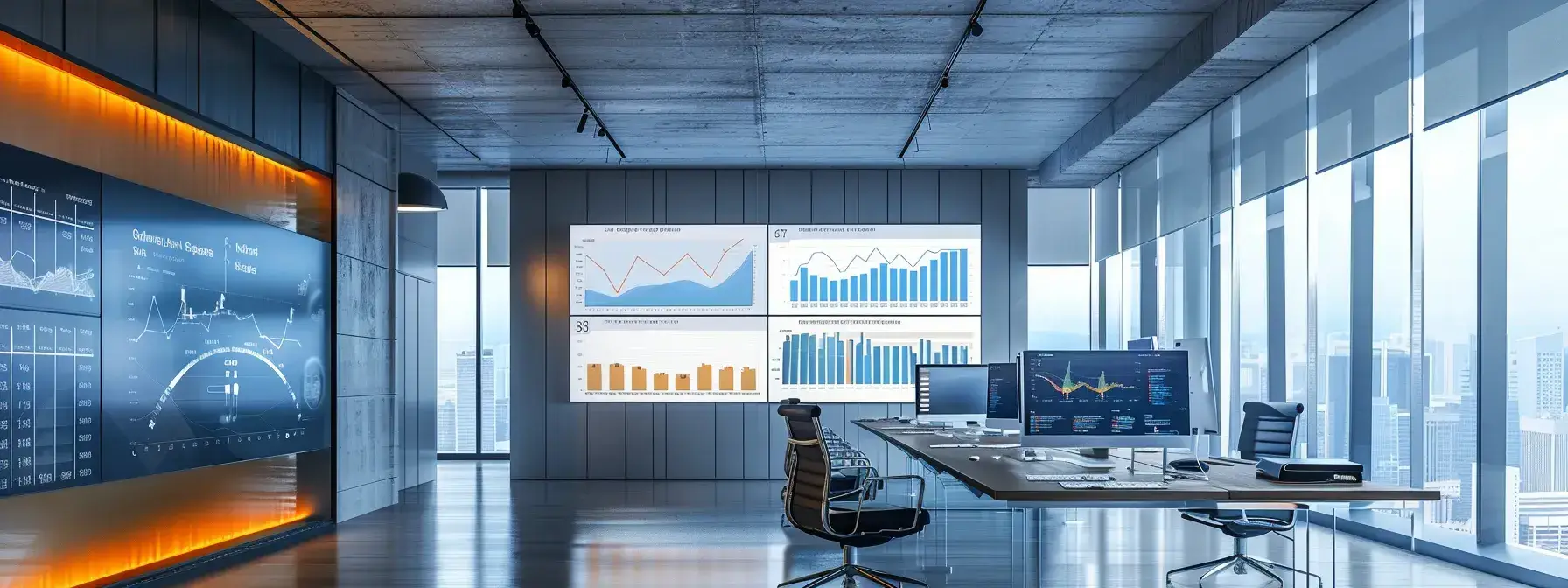 a modern, sleek office space filled with digital screens displaying dynamic graphs and charts, illustrating key metrics and performance data for realtor websites, under soft, focused lighting that enhances the atmosphere of analytical precision.