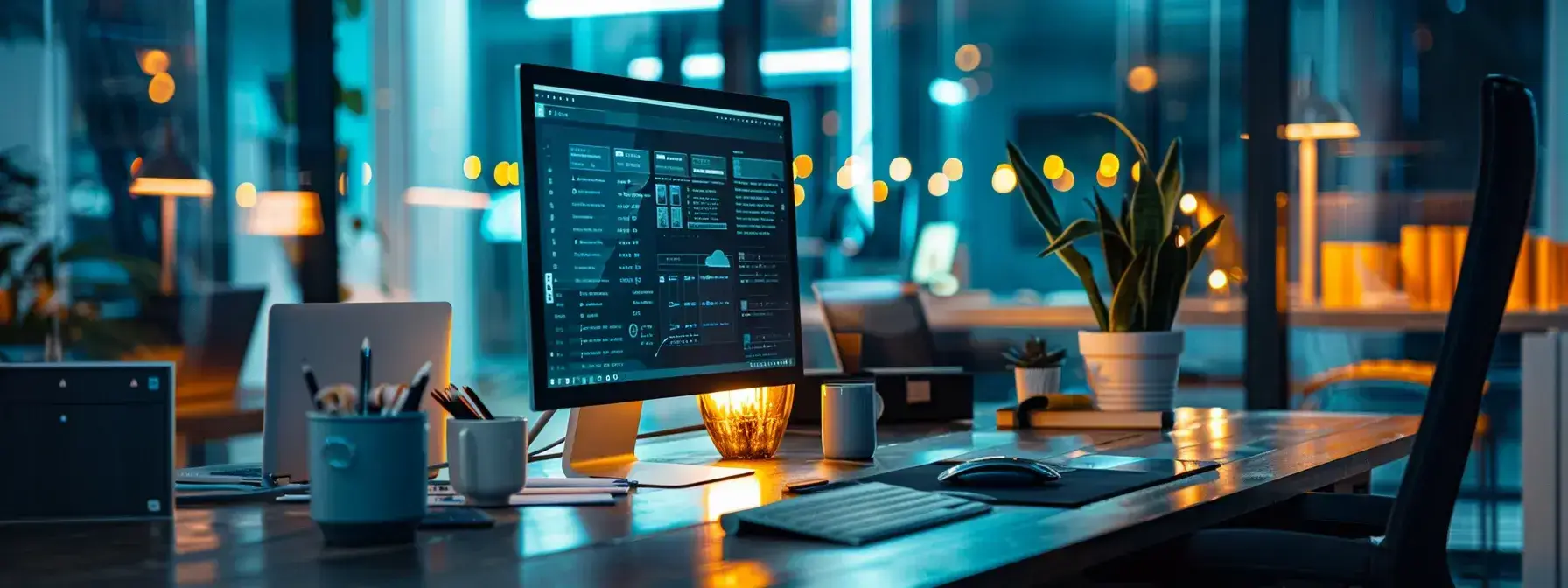 a polished office workspace features a modern computer displaying an engaging real estate website, surrounded by dynamic visuals of local market trends and testimonials, all illuminated by bright, focused lighting that accentuates the professional atmosphere.