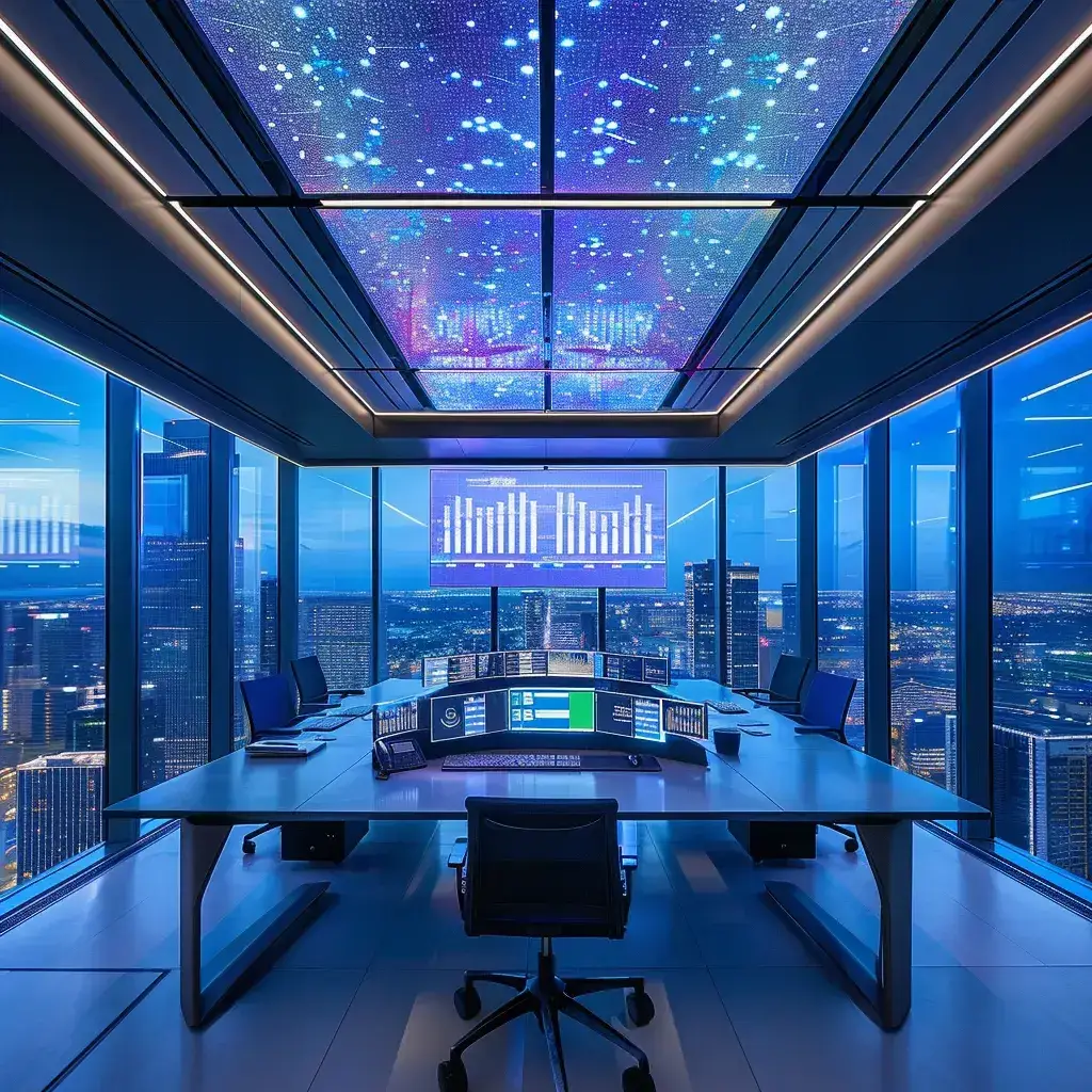 a sleek, modern office space featuring an expansive desk adorned with high-tech gadgets and a large digital screen displaying vibrant data visualizations, illuminated by dynamic, colorful lighting that enhances the cutting-edge atmosphere.