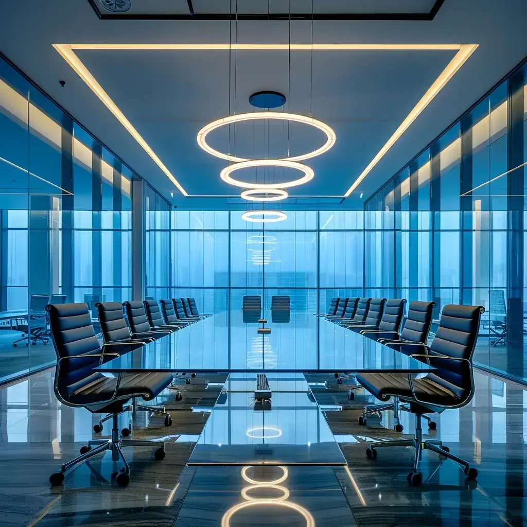 a sleek, modern office space features a large glass conference table surrounded by ergonomic chairs, illuminated by bold, ambient lighting, signifying a dynamic environment for collaboration and innovation.