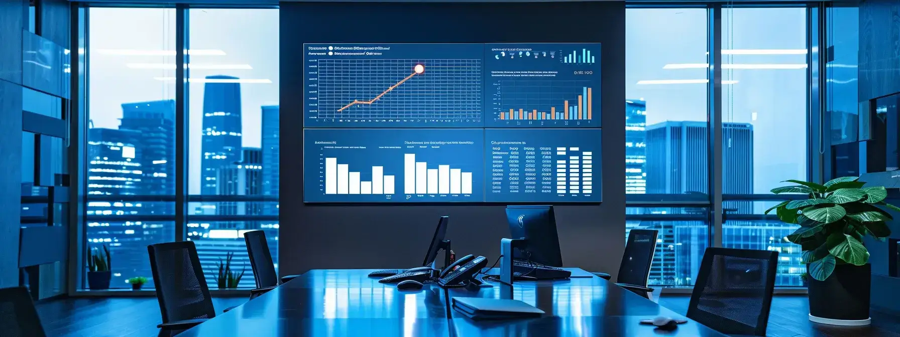 a sleek, modern office with a large digital dashboard displaying vibrant graphs and metrics, showcasing lead tracking analytics for realtors, illuminated by focused overhead lighting for a professional atmosphere.