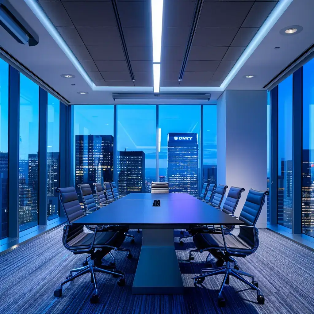 a sleek, modern office workspace featuring a polished conference table surrounded by ergonomic chairs, illuminated by soft overhead lighting and showcasing an expansive city skyline through large windows.