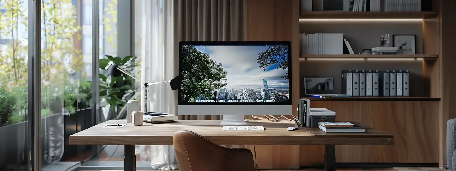 a sleek, modern office workspace featuring a large computer screen displaying a sophisticated real estate website, surrounded by elegant branding materials that convey professionalism and trust in the digital realm of realtor branding.