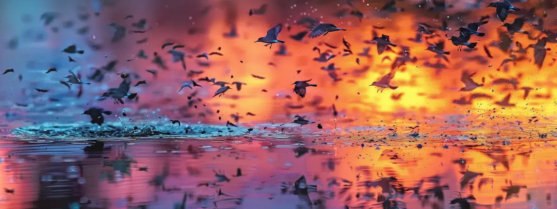 a vibrant sunset illuminates a serene lake, where colorful flocks of birds elegantly dance above the glistening water, creating a breathtaking reflection of the sky's fiery hues.