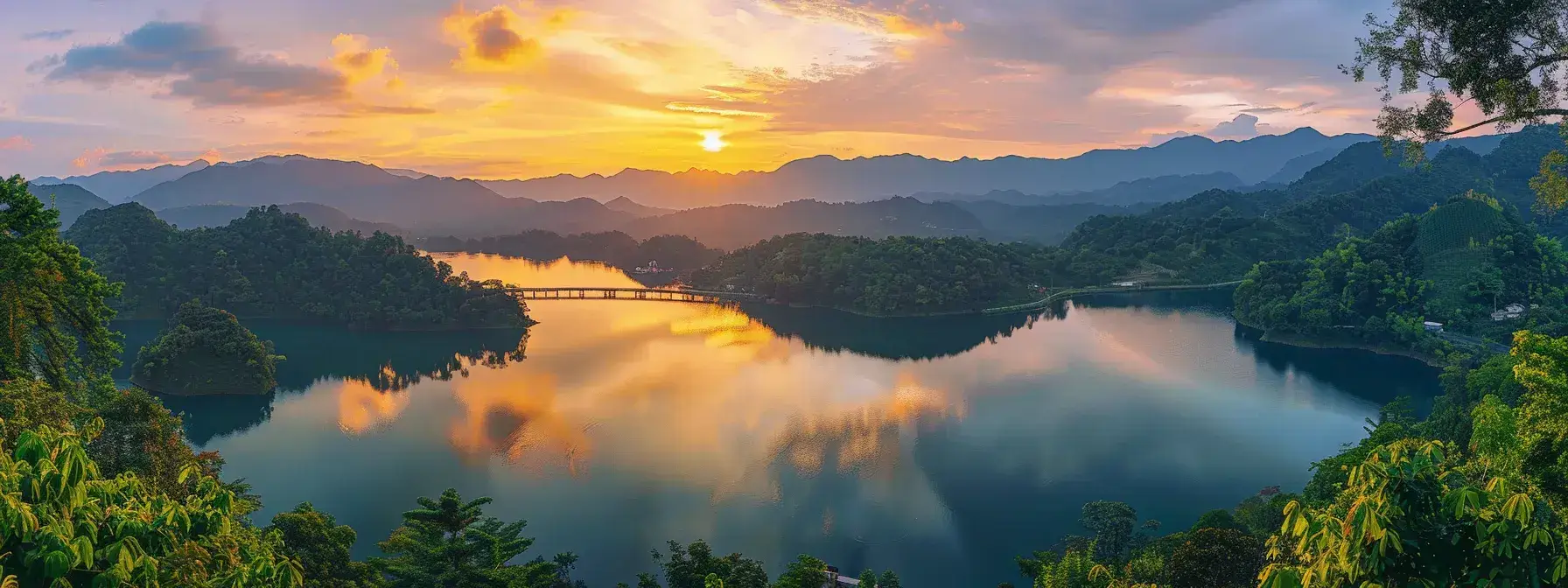 a mesmerizing sunrise bathes a tranquil lake in golden hues, reflecting the vibrant colors of the sky and the surrounding lush greenery, evoking a sense of peace and serenity.