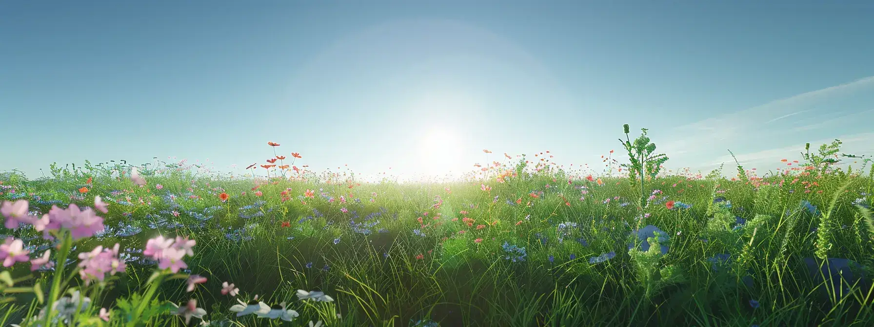 a sunlit meadow bursts with vibrant wildflowers under a clear blue sky, creating a serene tapestry of colors and textures that invites tranquility.