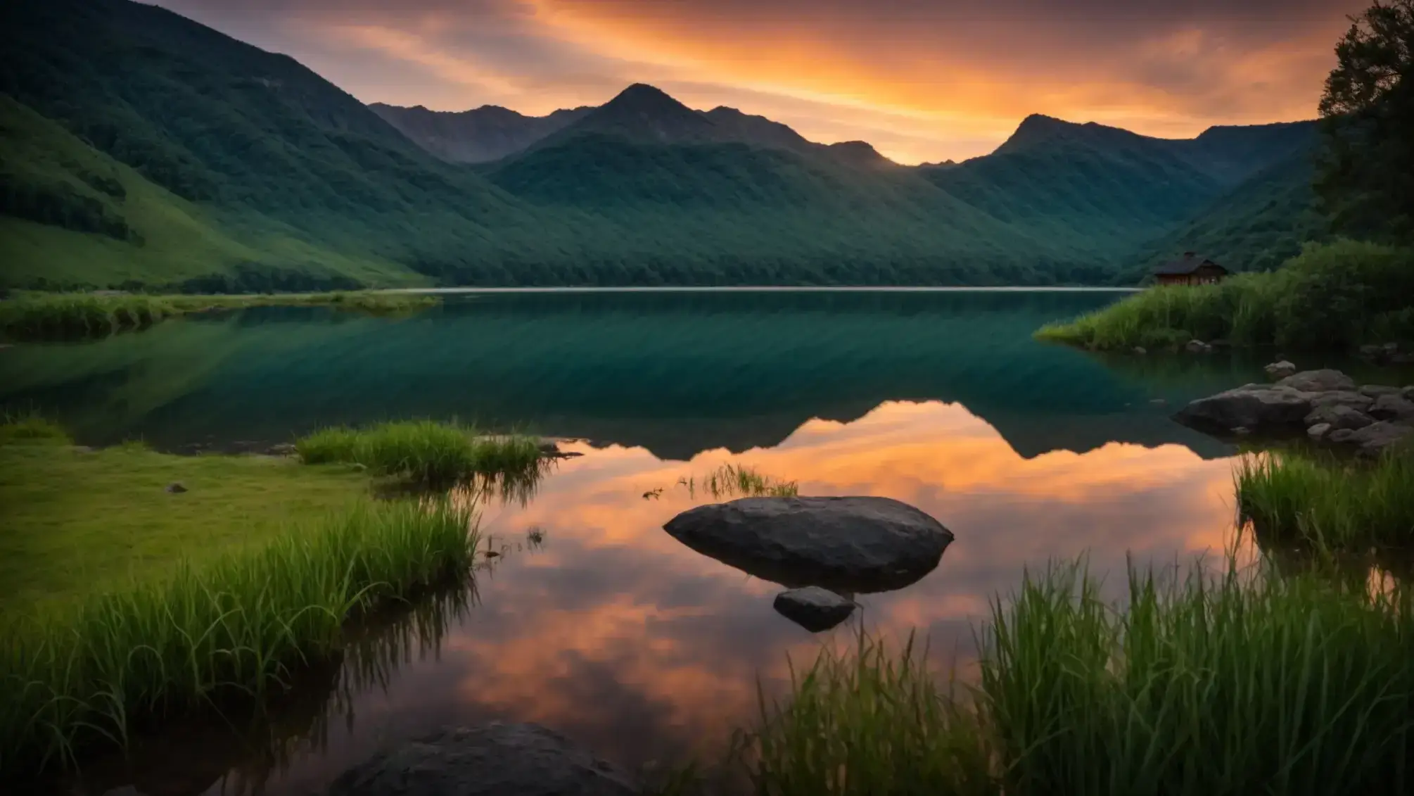 a vibrant sunrise illuminates a tranquil lake surrounded by lush green mountains, casting a serene reflection that evokes a sense of peace and harmony in nature.